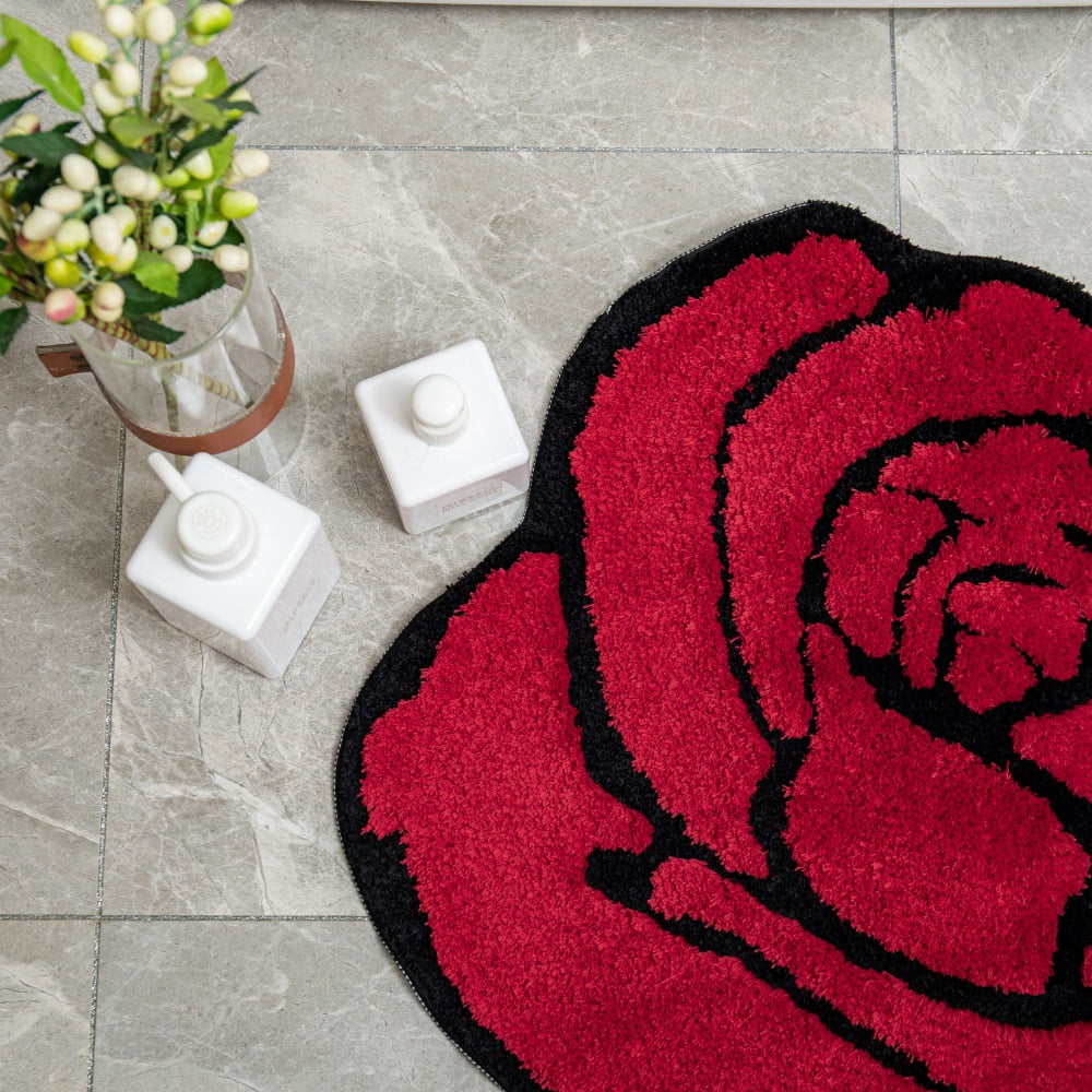 Red Rose Bath Mat for Bathroom Non Slip Flower Shaped Absorbent Bath Rug Fluffy Shower Rugs Washable Decor Floral Small Rug Doormats 23.6x25.5in