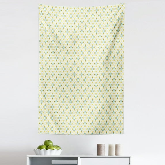 Yellow and Blue Tapestry, Traditional Scandinavian Flowers on Foliage Background, Fabric Wall Hanging Decor for Bedroom Living Room Dorm, 5 Sizes, Earth Yellow Pale Yellow, by Ambesonne