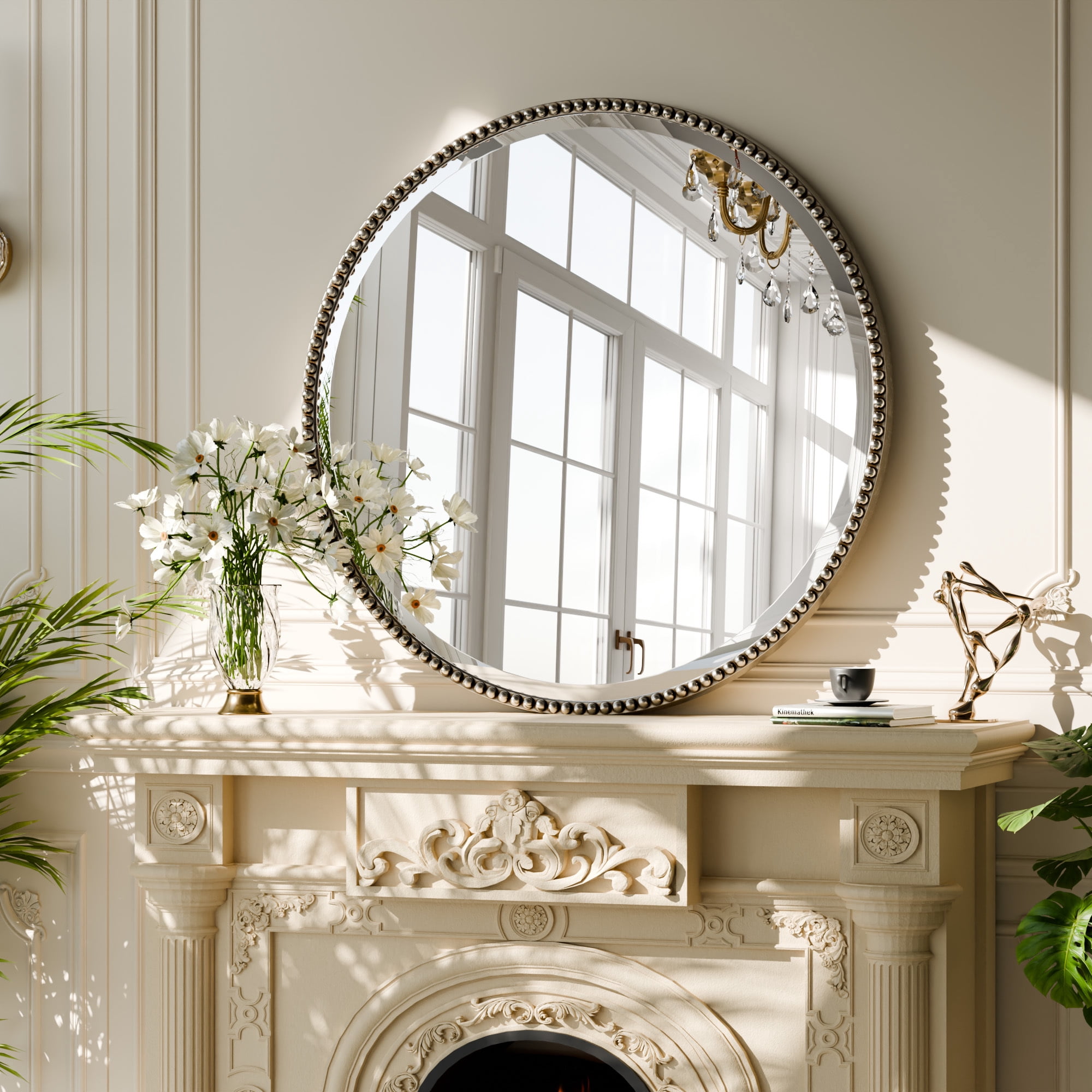 Puremirror 24" Round Bathroom Mirror Decoration Wall Mirror with Beaded Frame, Silver