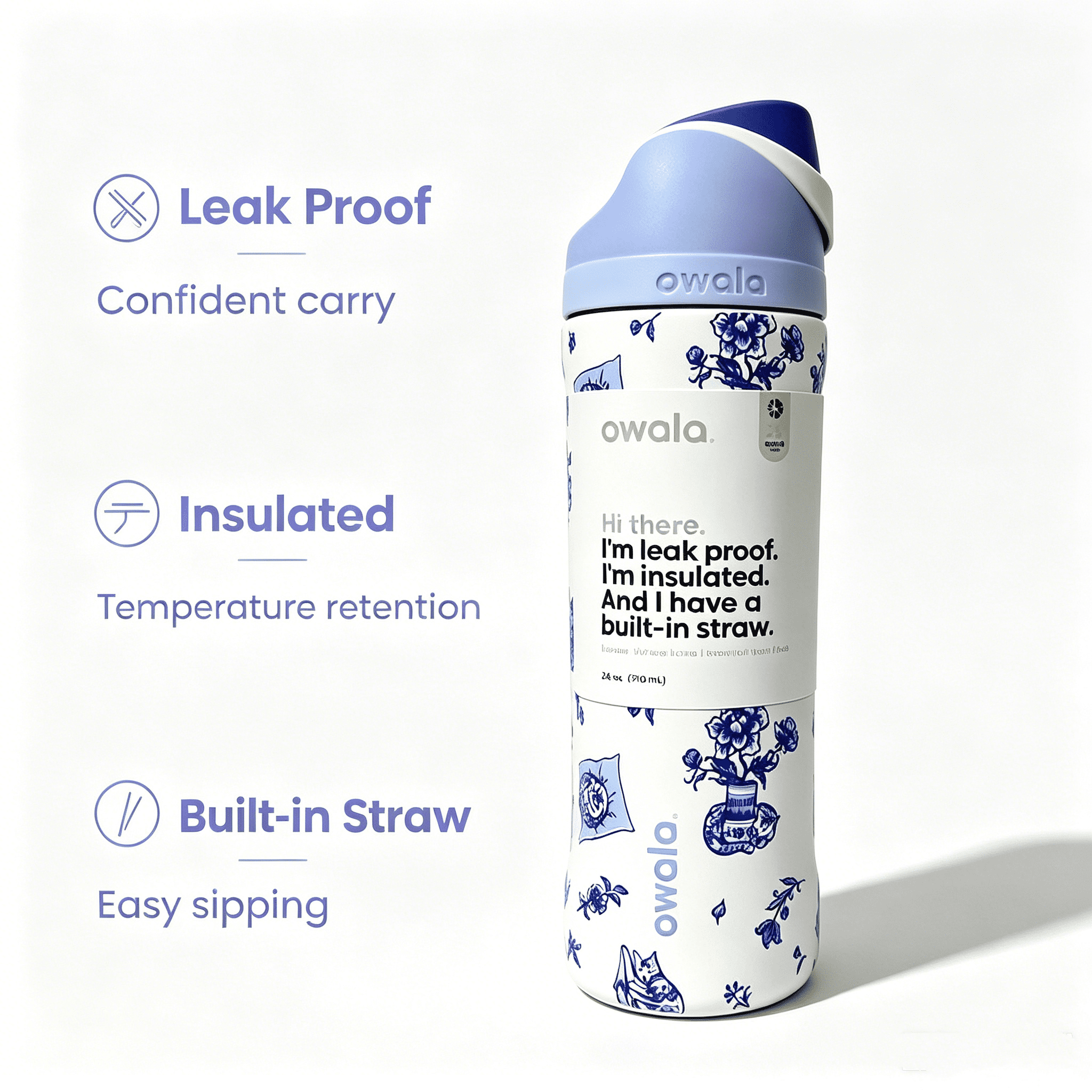 Owala FreeSip Stainless Steel Water Bottle, Kitty 24 oz Delft Cat Print