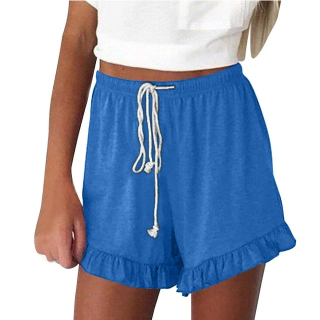 Plebaso Summer Shorts for Women Ruffle Hem Drawstring Casual Shorts Womens Wide Leg Beach Lounge Shorts