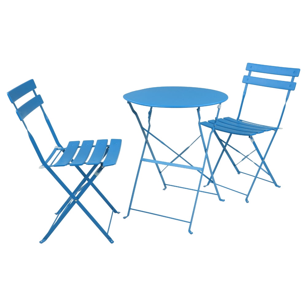 Weather-Resistant Outdoor/Indoor Conversation Set for Patio Yard Peacock Blue Garden 2 Chairs and 1 Table Grand patio 3pc Metal Folding Bistro Set 