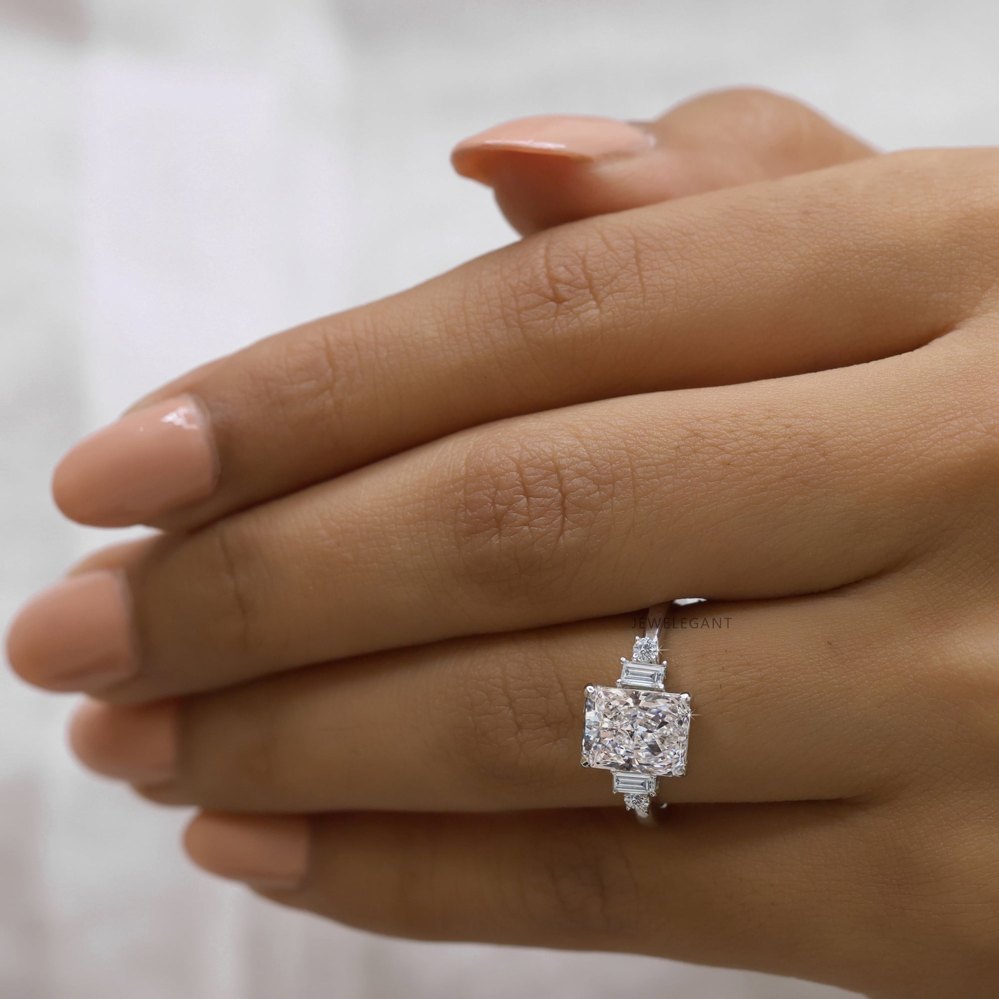 JEWELEGANT 2.5 Carat Radiant Cut Moissanite Engagement Ring, Five Stone Diamond Ring for Women