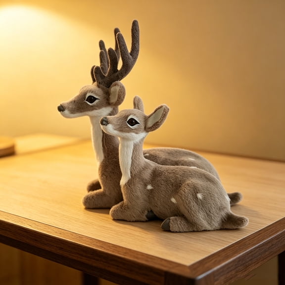 Flocked Sitting Deer Figurine Set, 2pcs Buck and Doe Statues, Realistic Faux Fur Deer Sculptures for Christmas Winter Home Tabletop Decor