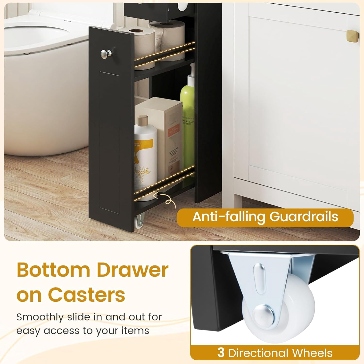 CHTER Slim Bathroom Storage Cabinet, 4-Tier Narrow Small Side Storage Cabinet Next to Toilet, Slide Out Drawers on Casters, Bathroom Floor Organizer Toilet Paper Holder for Small Spaces (Black)