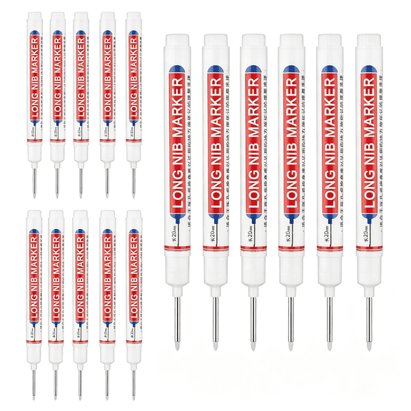 CCOCC 15 Pcs Long Nib Marker Pens with 20 Mm Long Head Nose Tip, White | Fine Point, Deep Hole Reach Permanent Paint Markers, for Metal, Drilling, Carpenter, Woodworking, Construction, Marking Pen