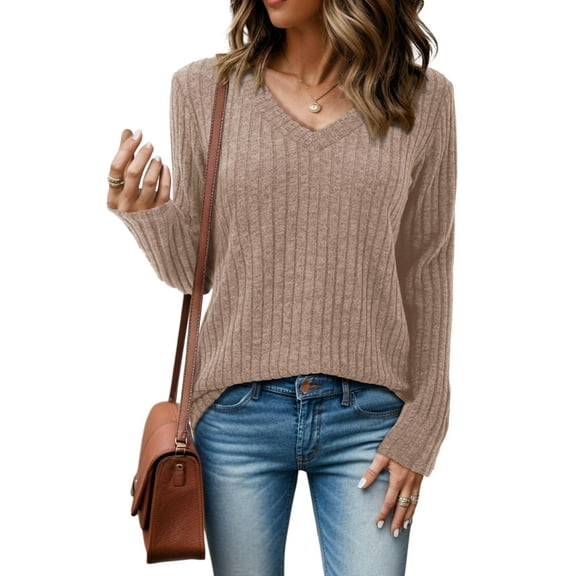 JYLFC Sweaters for Women Long Sleeve V Neck Brushed Cotton Blouse, Khaki L