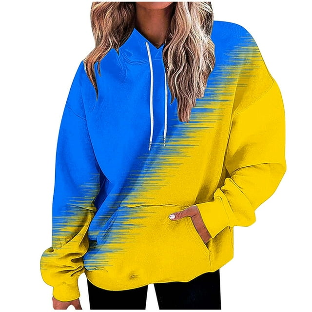 Rbaofujie Chandails pour Femmes Imprimé Ample avec Poches Sweat à Capuche Manches Longues Jaune Graphique