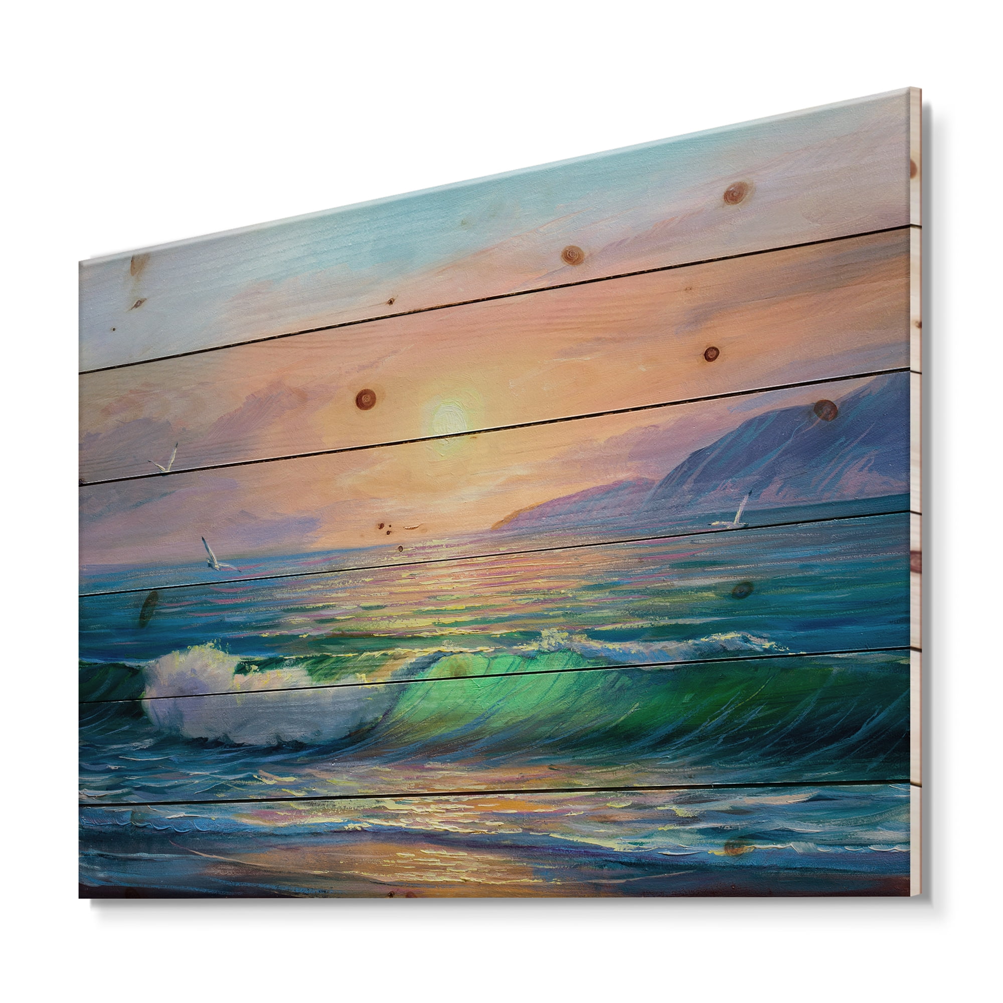Designart 'Blue Waves Breaking At The Beach Landscape V' Nautical & Coastal Print on Natural Pine Wood