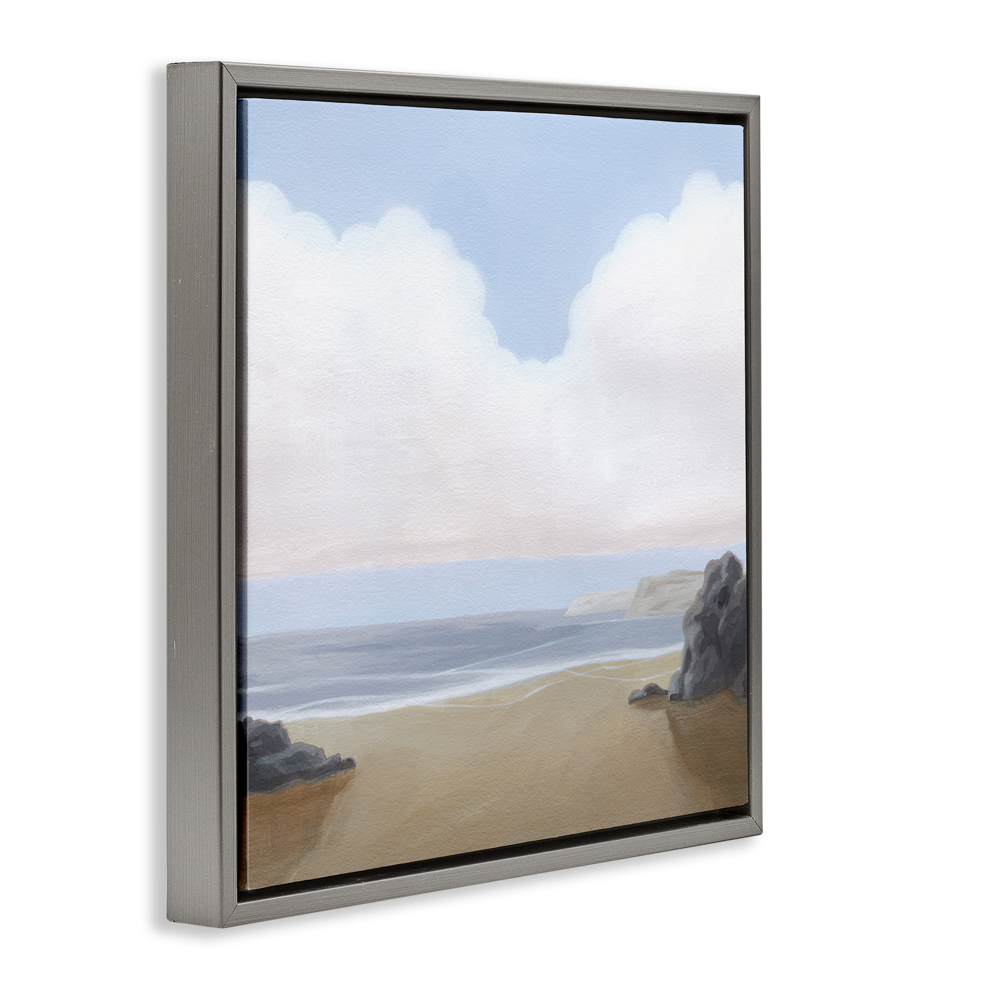 Stupell Industries Soft Clouds Over Beach Landscape Painting Gray Floater Framed Canvas Art Print Wall Art, 18 x 18