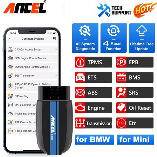 ANCEL BD300 Wireless OBD2 Scanner Fits for BMW MINI Rolls Royce Vehicles, All Systems Automotive Diagnostic Scan Tool Code Reader with Car Battery Registration Oil EPB TPS Reset