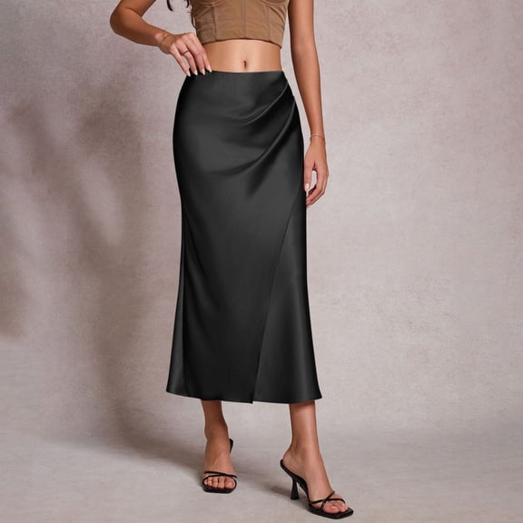 Gamivast Women's Satin Maxi Skirt High Waisted Elegant Ruched Detail Draped Front Tulip Hem Wrap Skirt Side Zipper Closure Evening Party Asymmetrical Skirt