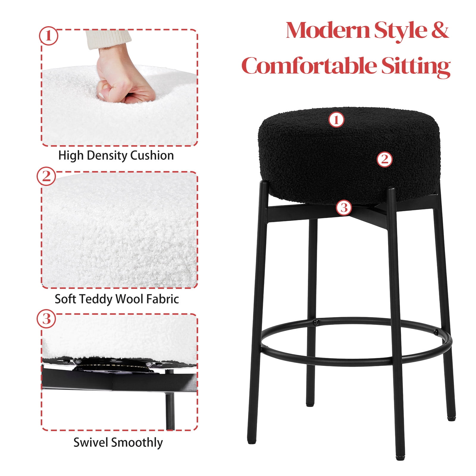 Ktaxon 26" Backless Bar Stools Set of 4, Modern Swivel Barstools with Footrest, Teddy Fleece Padded Counter Height Barstool Chairs 4 pcs, Black
