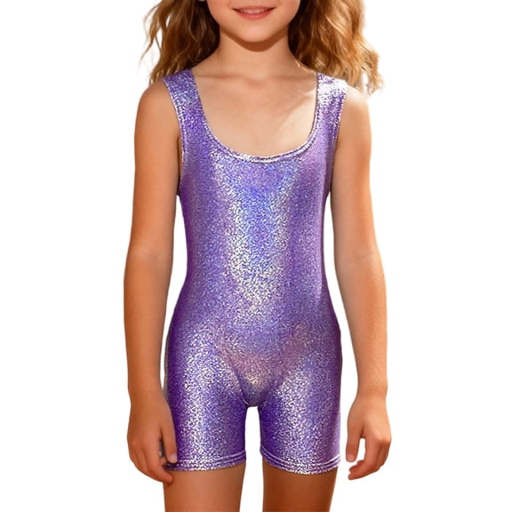 HXWCHs Girls Sequin Tank Bodysuit and Shorts Set Sleeveless Leotard for Dance Gymnastics Performance Stretch Fit Comfortable Activewear 120 Purple
