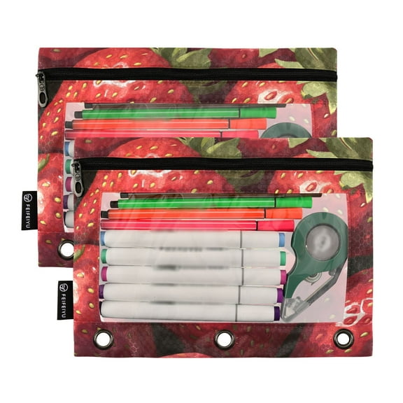Ckdifva Many Strawberries Pencil Pouch 3 Ring Zipper Pencil Case Binder Pockets Clear Top Cosmetic Bag 2 Pack