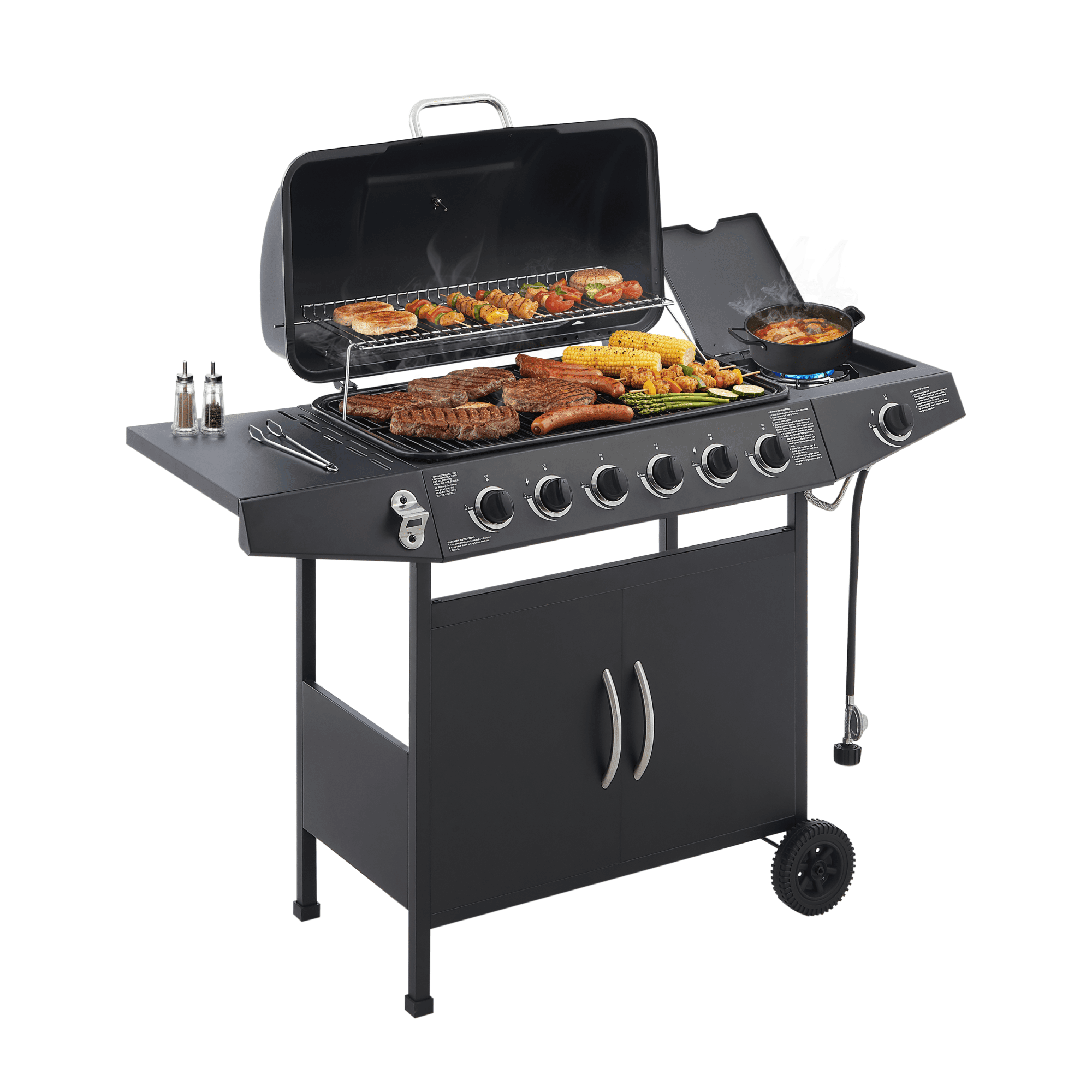 6 Burner BBQ Propane Gas Grill with Side Burner, 59000 BTU Stainless Steel Outdoor Grill, 576 sq in Cooking Area with Enamel Grates & Side Tables, Black