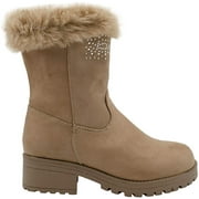 bebe Girls’ Big Kid Slip On Tall Microsuede Winter Boots with Rhinestone Logo Embellishment and Faux Fur Trims