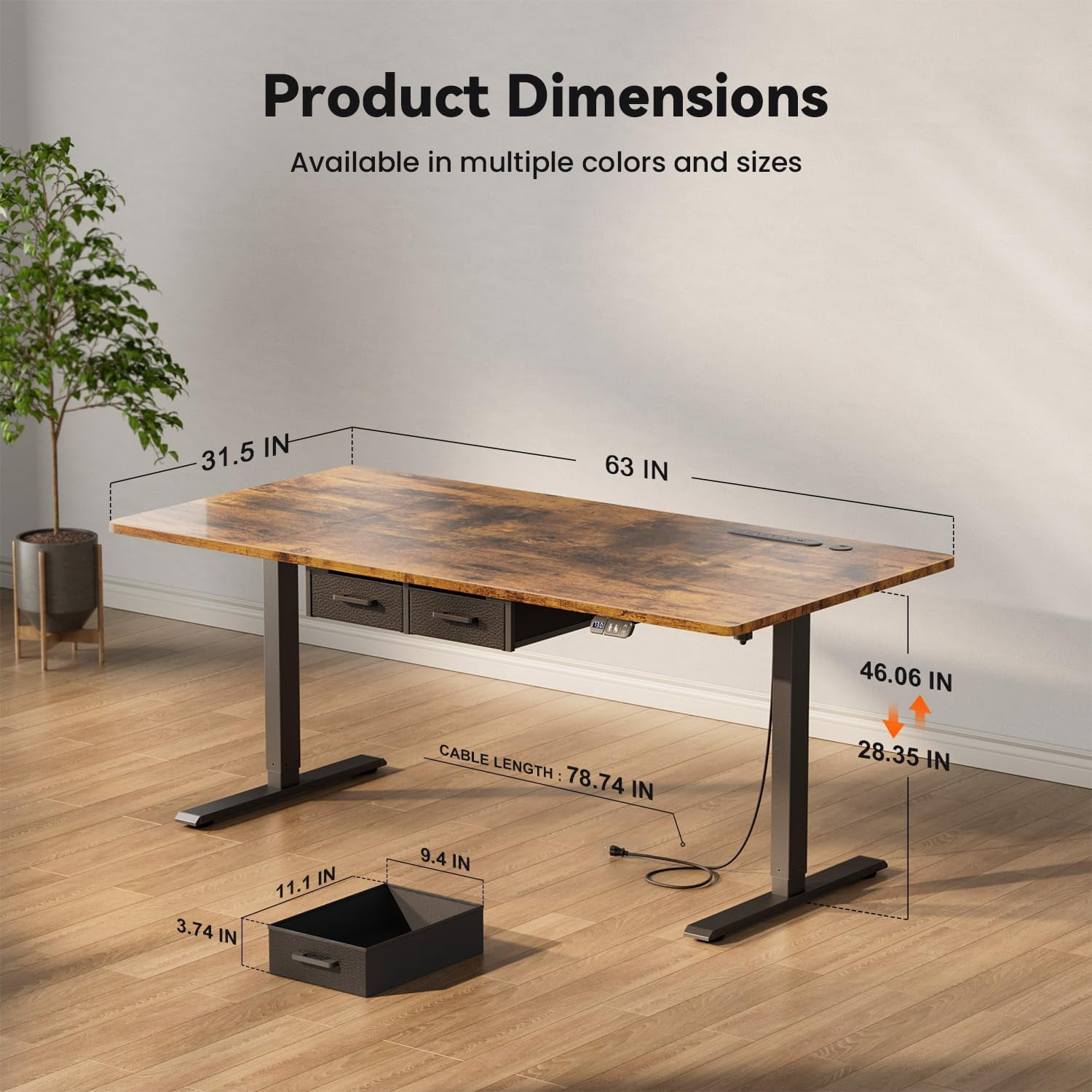 HLDIRECT Electric Standing Desk with 2 Drawers & Power Outlets & USB Ports, 63×31.5 inches Height Adjustable Desk with Storage, Sit Stand up Desk for Home Office, Rustic Brown