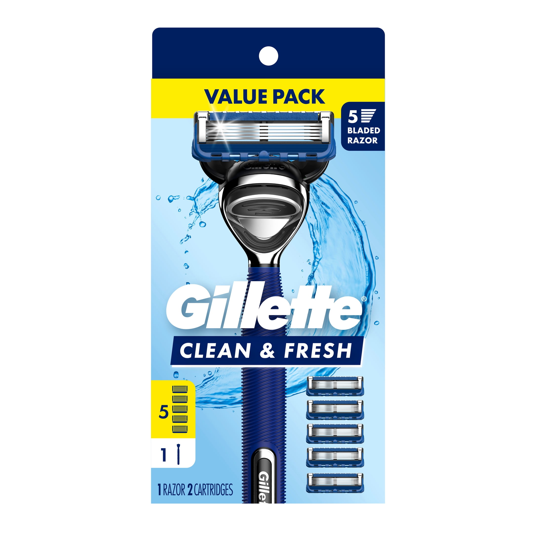 Gillette Mens Razor, Clean & Fresh, Handle + 5 Blade Refills