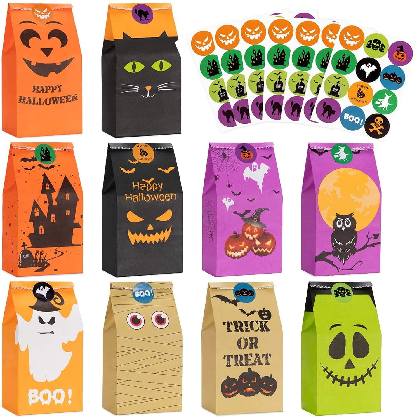 Halloween Treats Bags Party Favors 80 Pcs Kids Halloween Candy Bags For Trick Or Treating 84 Pcs Halloween Stickers Mini Paper Gift Bags For Treats Snacks Halloween Goodie Bags Party Supplies Walmart Com
