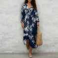 thumbnail image 4 of COEQINE Women's Midi Dress 3/4 Sleeve Wrap V-Neck Casual Sundress, Zen Style Oriental Loose Fit Linen-Like Calf Length Tunic Dress for Women, Machine Washable, Size 3XL, Navy White Bamboo Print, 4 of 6
