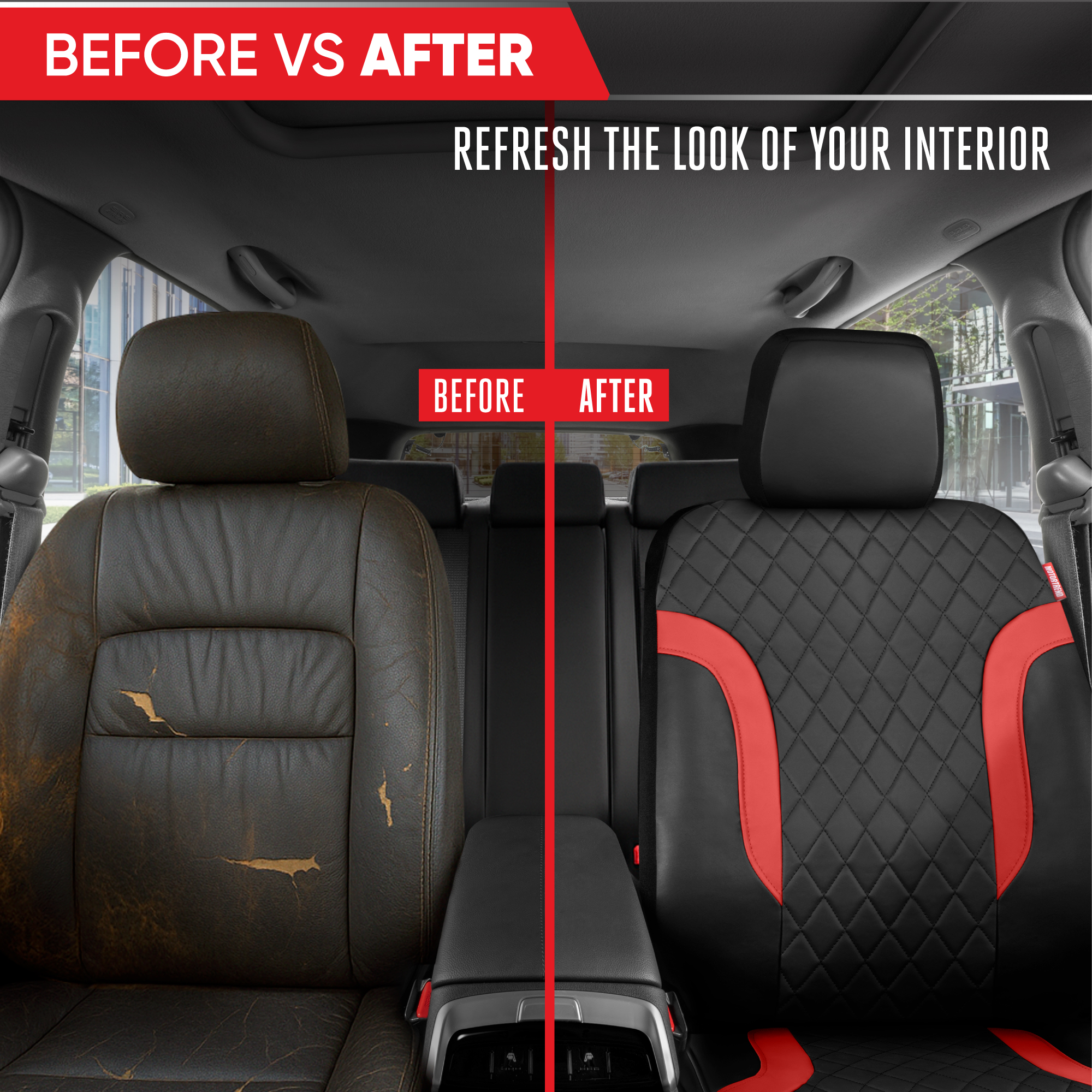 Motor Trend Leather Seat Covers For Trucks, Cars, & SUV - Front Black & Red Car Seat Cover Set - Universal Fit For Most Automotive Seats - Forros Para Asientos De Carro - CarSeat Covers Accessories