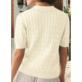thumbnail image 2 of Women'S Cable Short Sleeve Sweaters Tops Solid Lapel V Neck Knit Casual Soft Pullover Shirt Grey White L, 2 of 4
