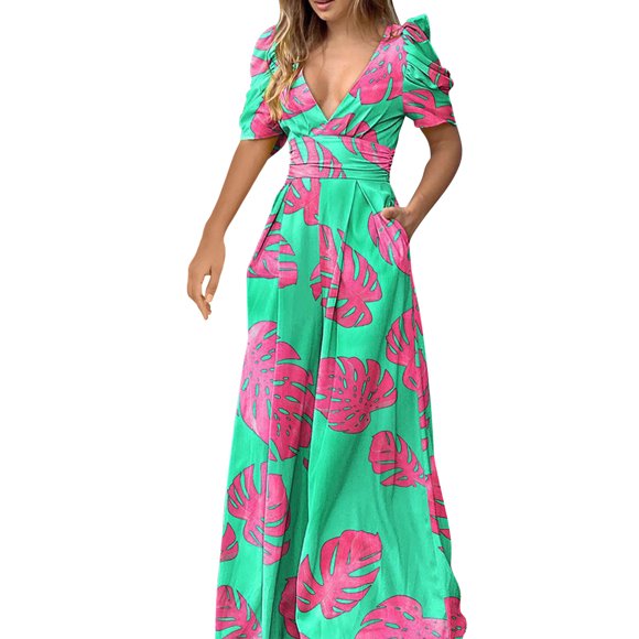 Jumpsuit for Women, V-neck Cinched Waist Wide Leg Design, Short Sleeve, Pink, Spring Summer Casual Wear, Party Birthday Outfit