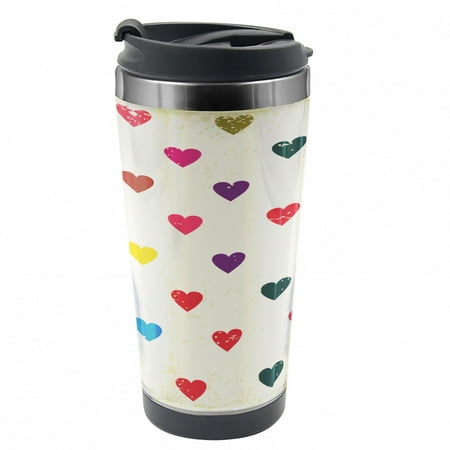

Colorful Travel Mug Distressed Hearts Love Steel Thermal Cup 16 oz by Ambesonne