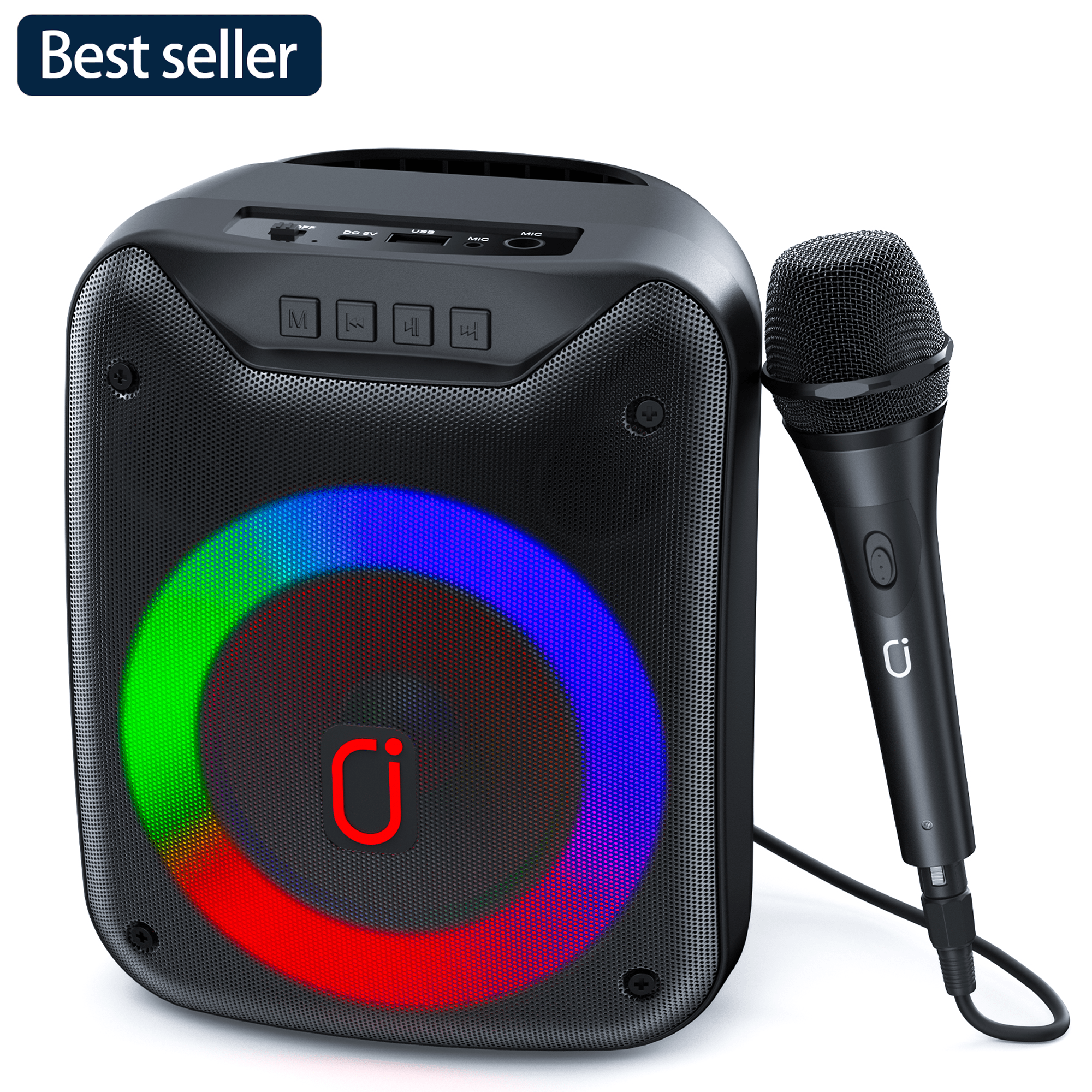 JAUYXIAN Portable Bluetooth Speaker, Party Speaker with Wired Microphone, DJ Lights, Supports TF Card/ USB, D50
