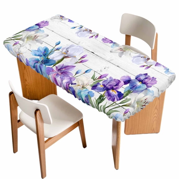 Spring Flowers Table Cloths for 5 Foot Rectangle Tables, Watercolor Garden Florals Wooden Grain Patio Waterproof Elastic Fitted Tablecloths, Washable Rectangular Table Cover for Camping