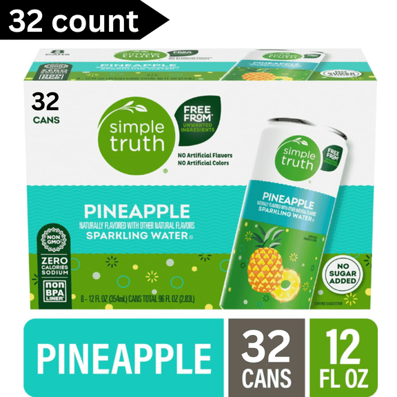 Simple Truth Canned Pineapple Sparkling Seltzer Water, 12 fl oz Cans, 32 Pack, Refreshing Natural Sparkling Beverage, Zero Calories, Caffeine Free