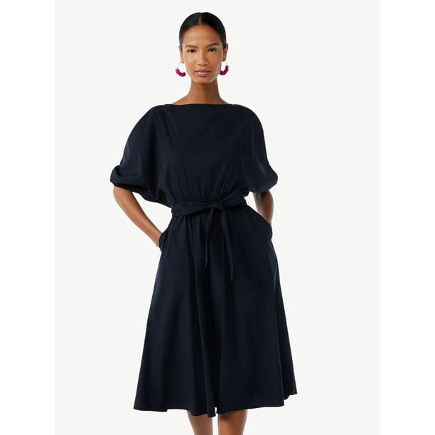 Scoop Women's Tie Front Midi Dress with Ruched Sleeves - Walmart.com