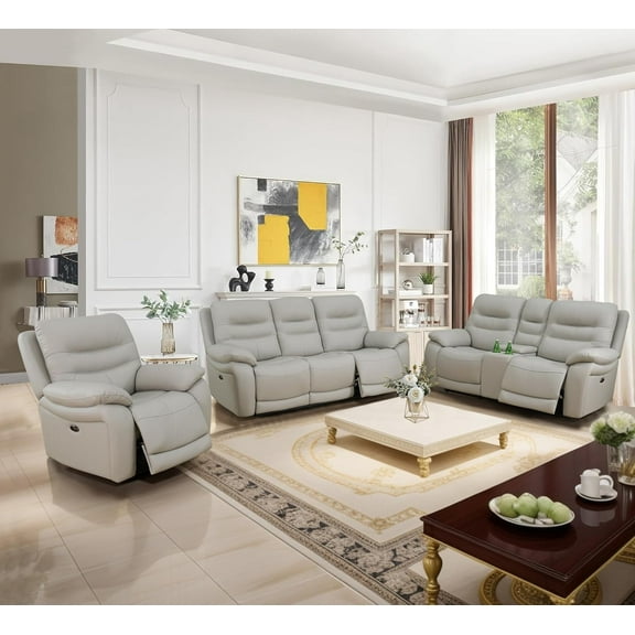 Genuine Leather Recliner Sofa Set, Power Reclining Sofa Set with USB Charging, Leather Living Room Furniture Set (3 Piece Leather Sofa Set, Light Grey), SOFA LOVESEAT CHAIR