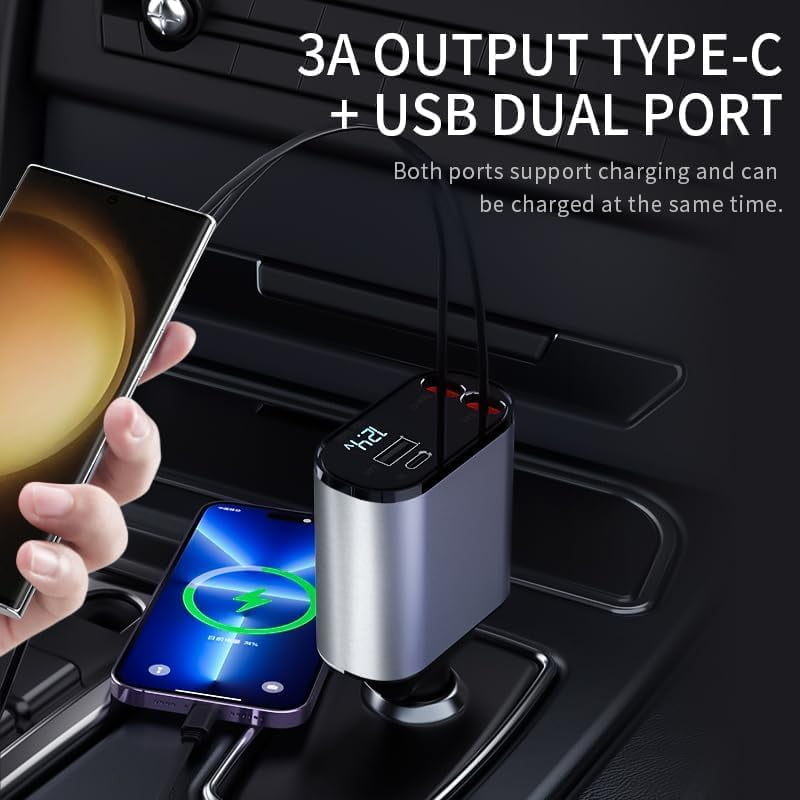 CJBZLCPCOORetractable Car Charger, 4 in 1 USB C Car Charger 60W,Retractable Cables (2.6Ft) and 2 USB Ports Car Charger Adapter, Compatible with iPhone 15/14/13/12/11 Pro Max/XS MAX,iPad，Galaxy S23/S22