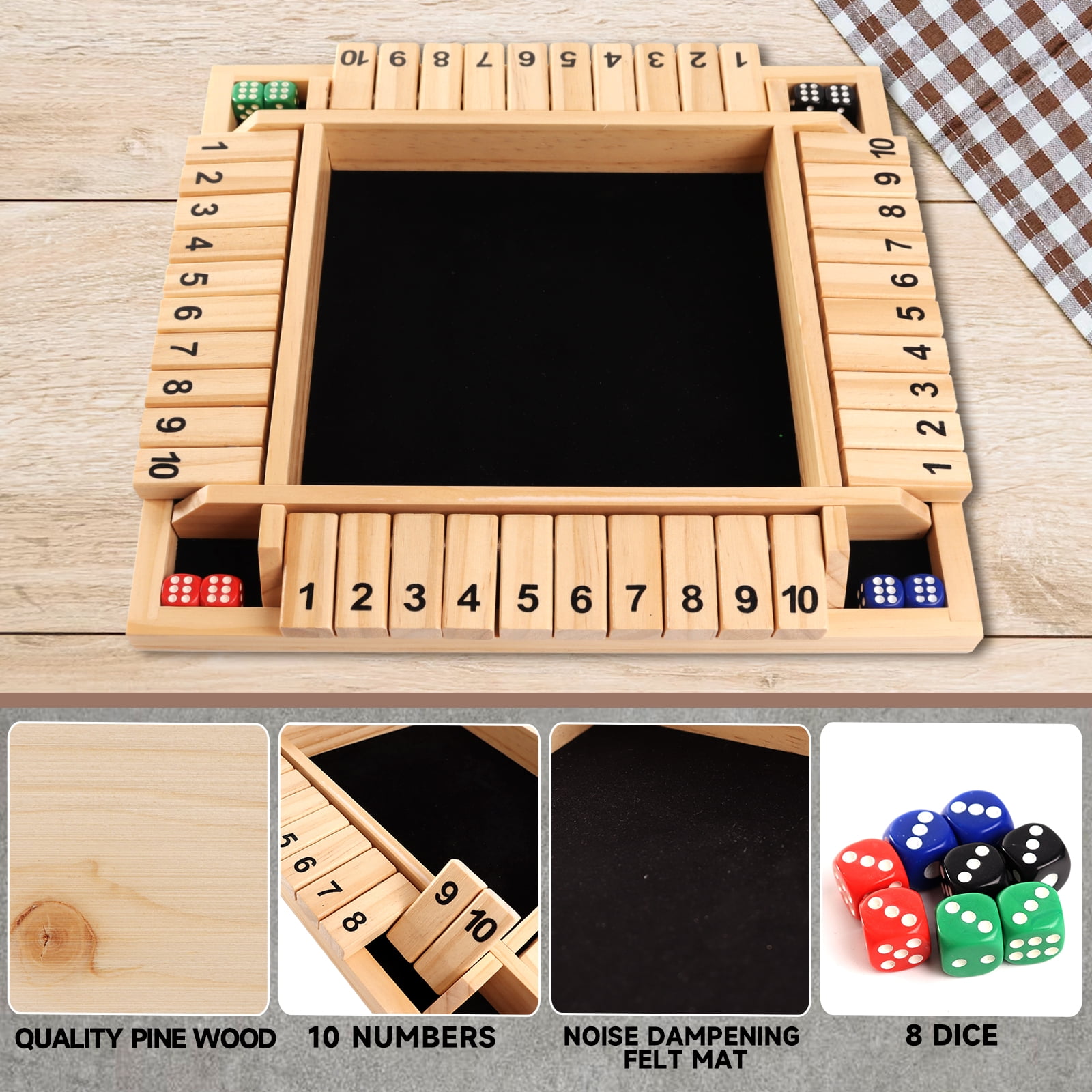 GSE Games & Sports Expert 4-Player 10 Numbers Wooden Shut the Box Dice Board Game with 8 Dices. Classic Tabletop Version of Popular English Pub Game - Natural Wood