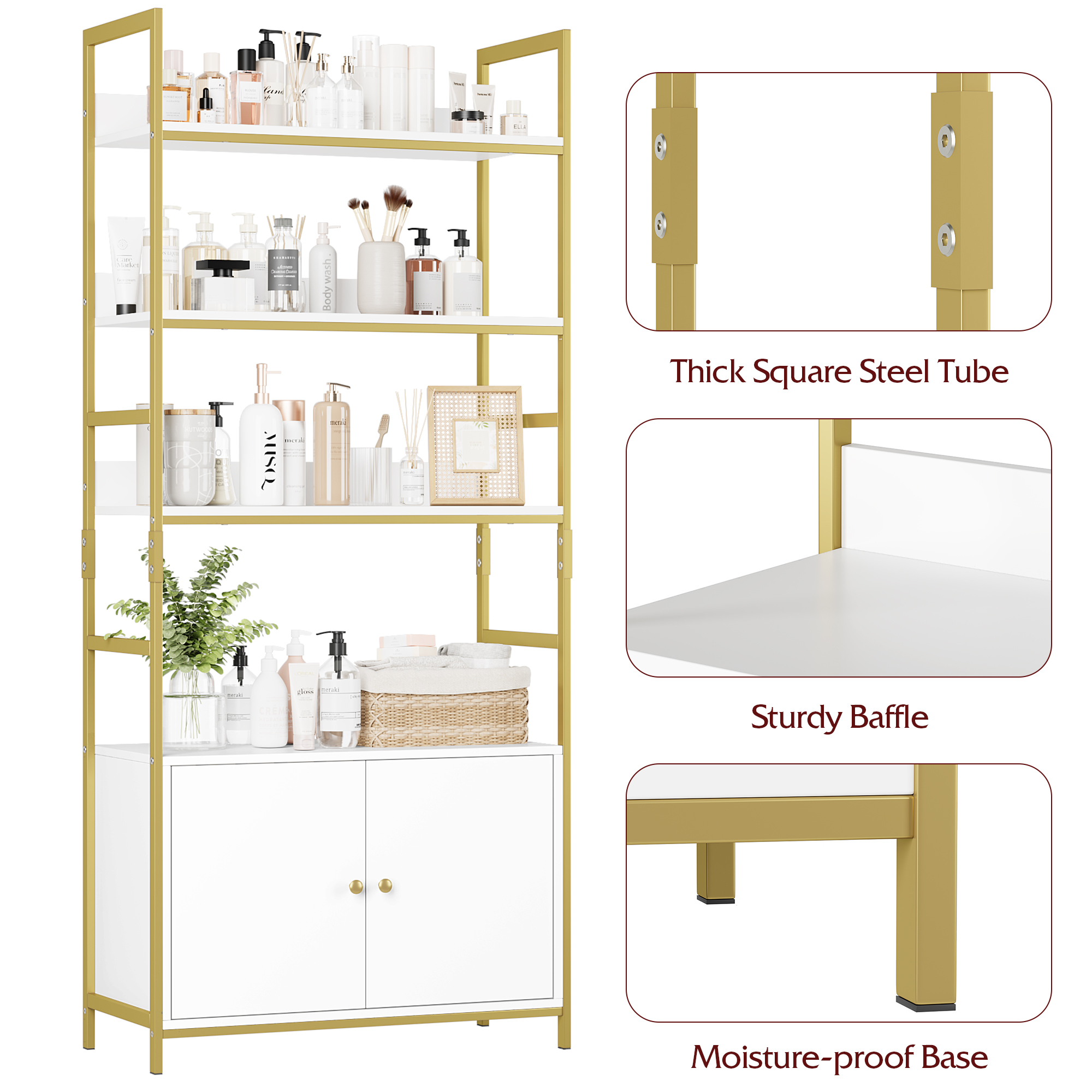 Homfa 4-Tier Bathroom Shelves with Storage Cabinet, Sturdy Metal Frame ...