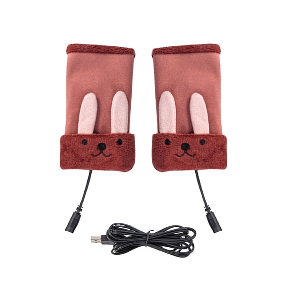 1 Pair Heated Gloves Rabbit Pattern Plush Lining Electric USB Detachable Gloves for Office