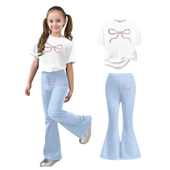Teen Girls 2 Piece Outfits Short Sleeve Bow T-Shirt Top and Flared Pants Set Spring Clothes 11-12 Years Girls Outfits