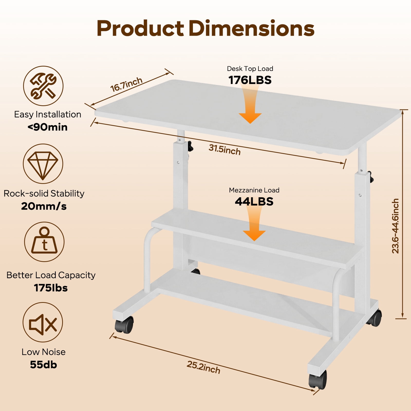 edx Height Adjustable Desk Standing Desk Small Desk for Small Spaces, Mobile Rolling Computer Desk on Wheels, Portable Desks Study Table for Home Office,White