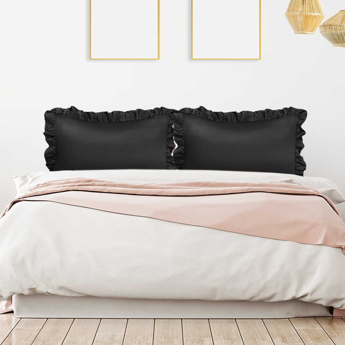 Unique Bargains 4-Piece Satin Ruffled Edge Pillow Shams, Queen, Black