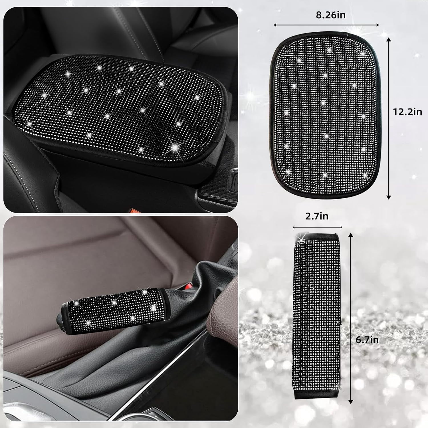 27 Pcs Pink Bling Car Accessories Set for Women, Steering Wheel Cover with Rhinestone Console Cover Seat Belt Cushion Shift Knob Cup Coaster Car Hanging （black）