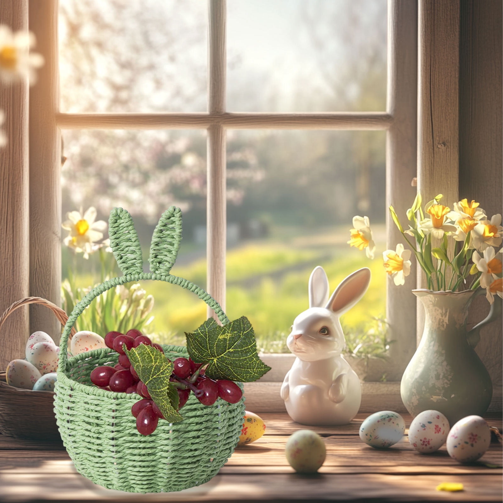 Green Easter Themed Woven Basket For Holiday Decor And Gift Giving Bunny Storage Tote With Handles For Organizing Snacks And Small Items