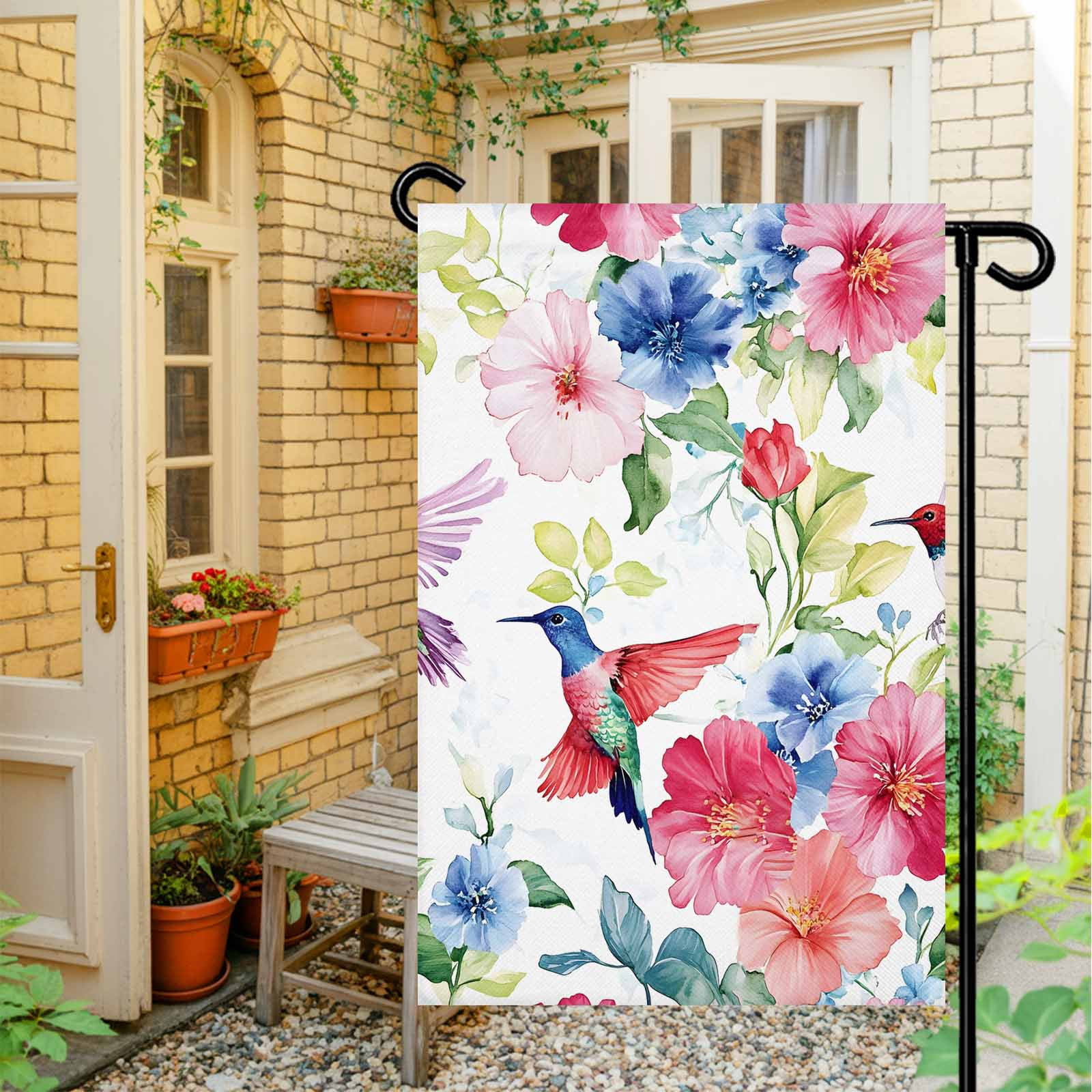 Garden Flag Double-Side Printed House Flag Hummingbird Yard Flag Watercolor Bird Flower Welcome Banner Decor Outdoor Holiday Decorations 28*40in