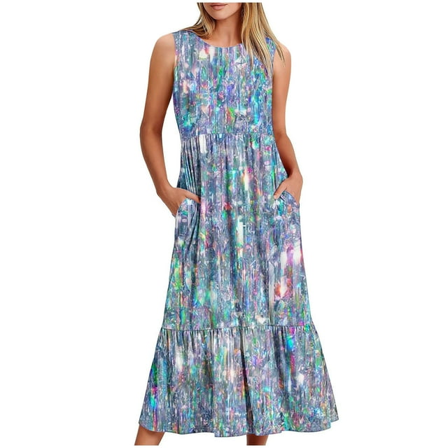 Fankiway Robe Longue Ample Sans Manches à Poches Col Rond Imprimé Robes d'Été pour Femmes Liquidation Robes pour Femmes Grande Taille Liquidation