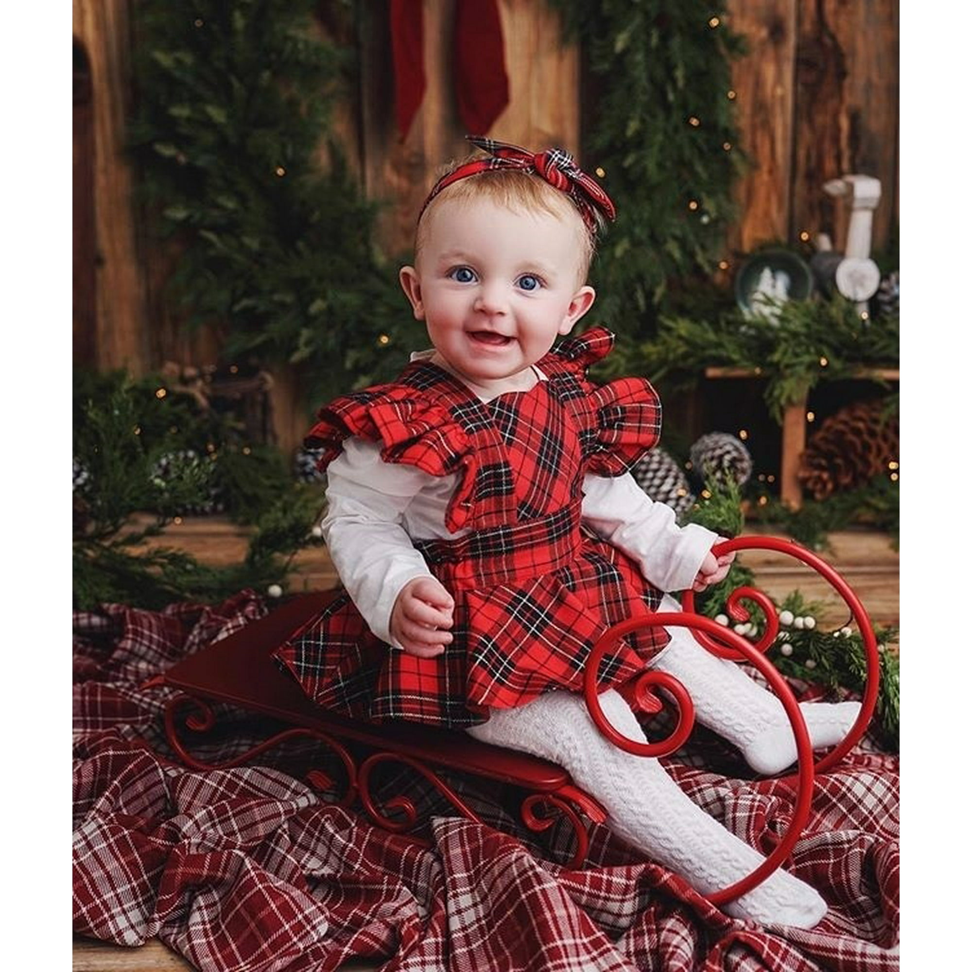 Newborn Infant Baby Girl Christmas Costume Plaids Checks Xmas Romper Ruffle Jumpsuit Dress Headband 2Pcs Outfits Set