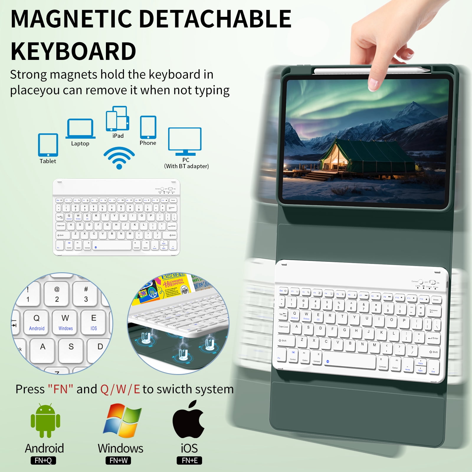 Kenke Case for iPad (A16) 11th Generation 11 inch 2025 with Keyboard,iPad 10th Generation 10.9 inch 2022 Detachable Bluetooth Keyboard Rechargeable,with Pencil Holder,Soft TPU Back Cover,Dark Green