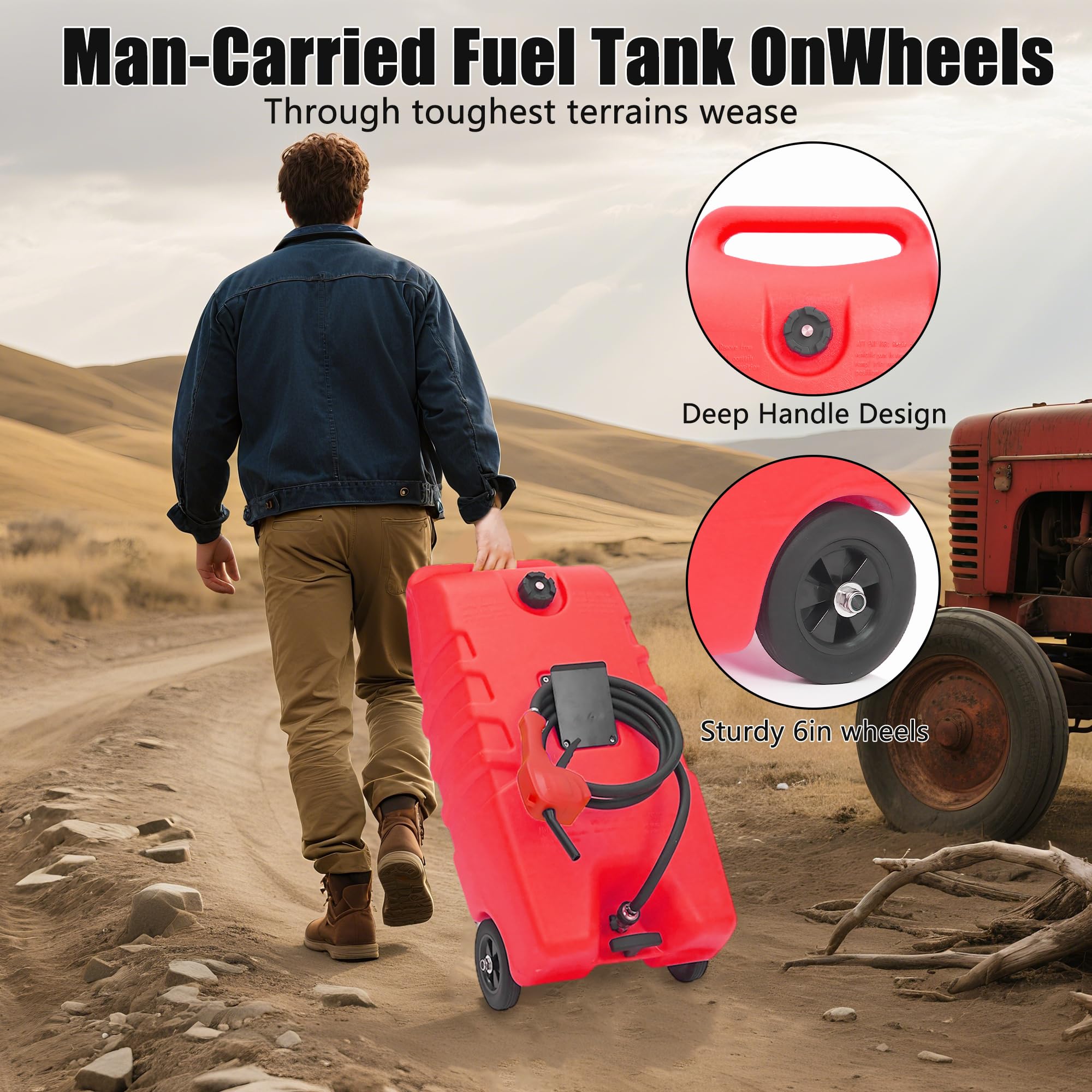14 Gallon Portable Fuel Tank with Wheels,Gas Caddy with Manual Siphon Pump & 10FT Hose, T-Handle for Easy Carry, Included for Cars, ATVs, Boats,Red