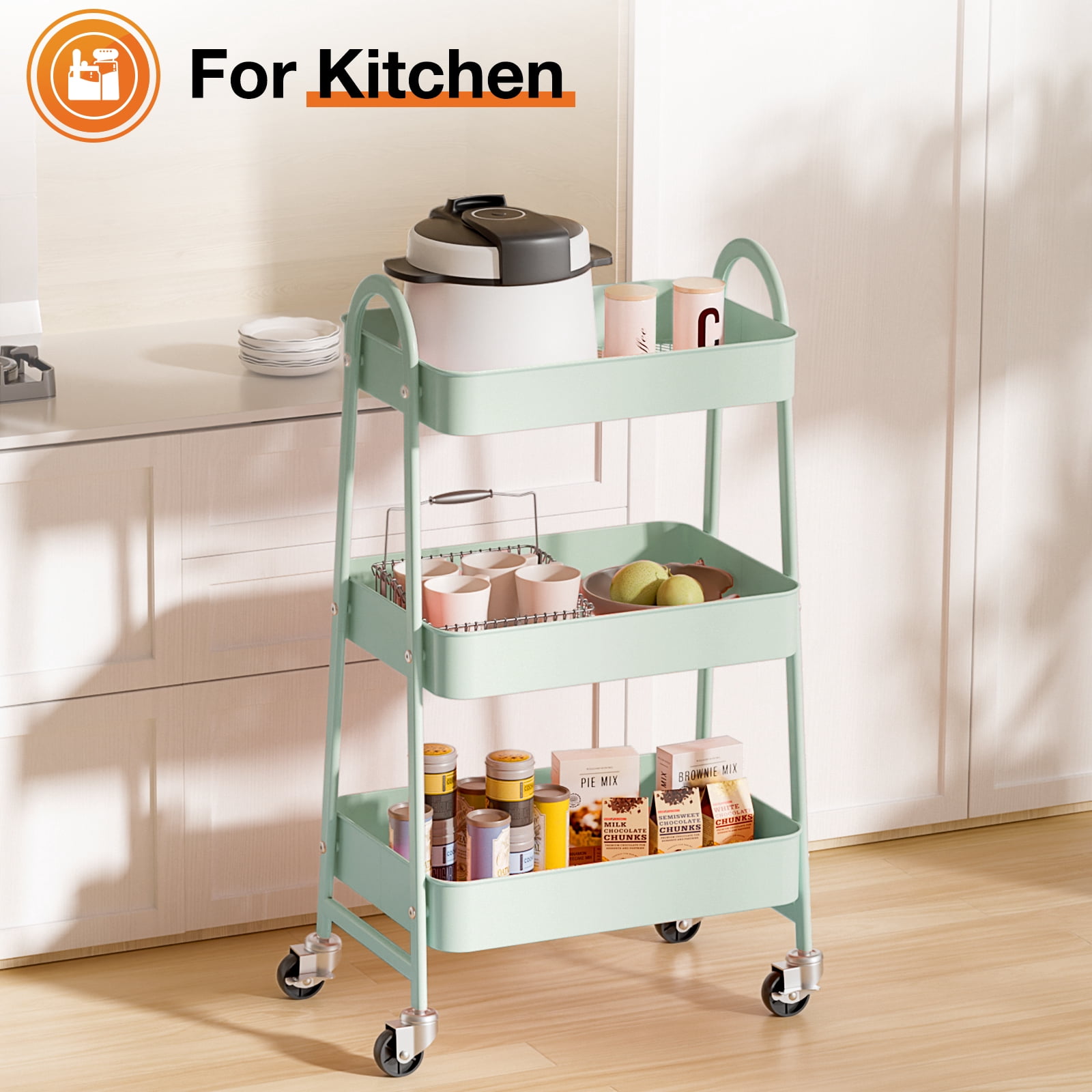 3-Tier Rolling Metal Storage Cart with Locking Casters, Utility Organizer for Kitchen, Bathroom, Laundry, and Office