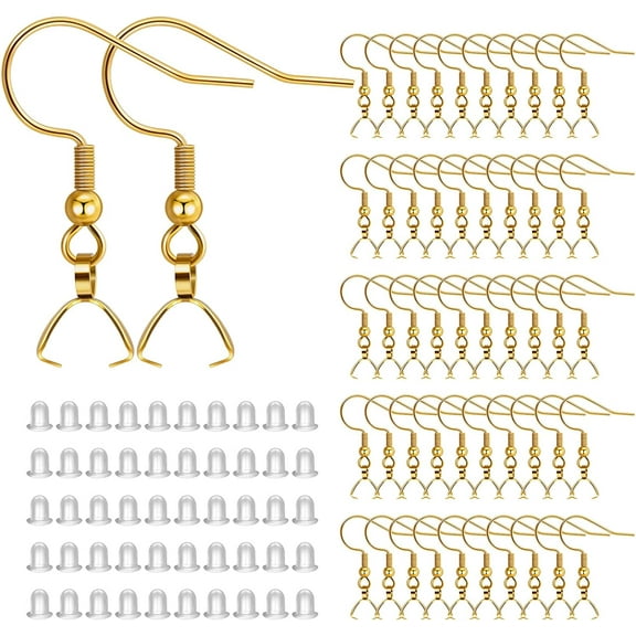 Earring Hooks 50 PCS/25 Pairs, Stainless Steel Golden Ear Wires Fish Hooks, Hypo-allergenic Jewelry Findings Parts with 120 PCS Clear Silicone Earring Backs Stoppers for DIY Jewelry Making
